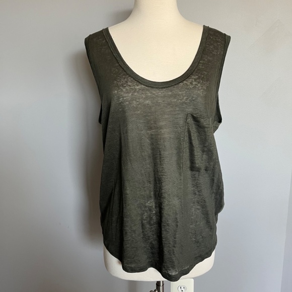 Massimo Dutti 100% Linen Sleeveless Top Oversized Coated Tee Pocket Khaki Green - Picture 13 of 15